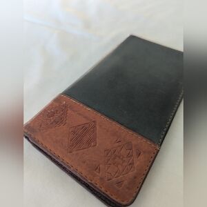 Leather Bi-fold Checkbook Wallet In Green And Brown With Aztec Design